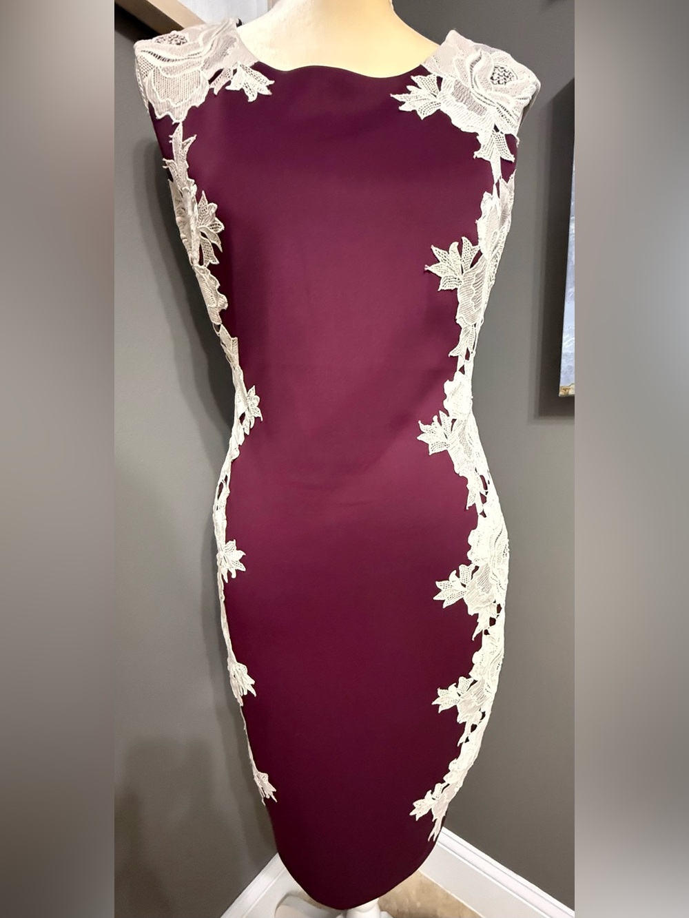 Jax Strapless Burgundy Dress with White Lace Appliqué